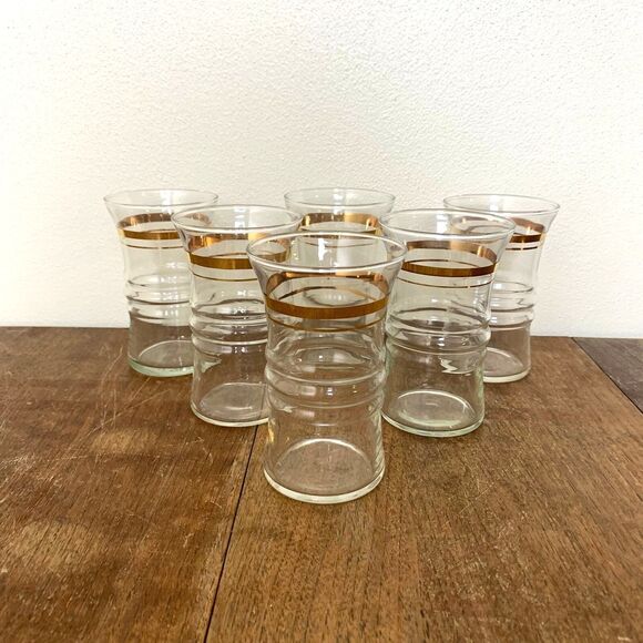 Set of 6 Vintage 40s 50s MCM 4.75" 8 oz ribbed drinking glasses with gold detail - Picture 1 of 6